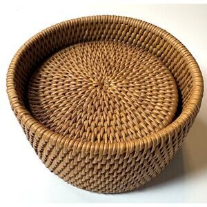 Vintage 5-Piece Wicker Rattan Coaster Set with Caddy Holder - 4" Coasters - vn